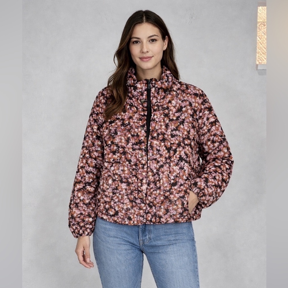 Sanctuary Floral Puffer Jacket Pink Black Cropped Quilted Coat Size S